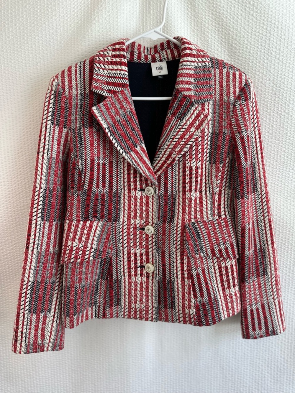 CAbi Patchwork Blazer 6028 Red White Blue Nautical Tweed Plaid Jacket Size XS